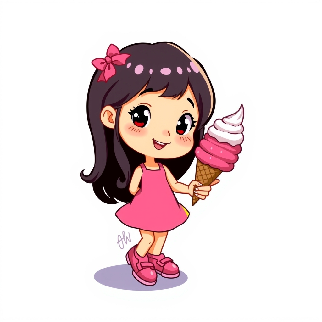 a little girl with ice cream black hair pink dress shoes by मुफ्त एआई छवि जनरेटर - बिना लॉगिन के✨ | AIGAZOU