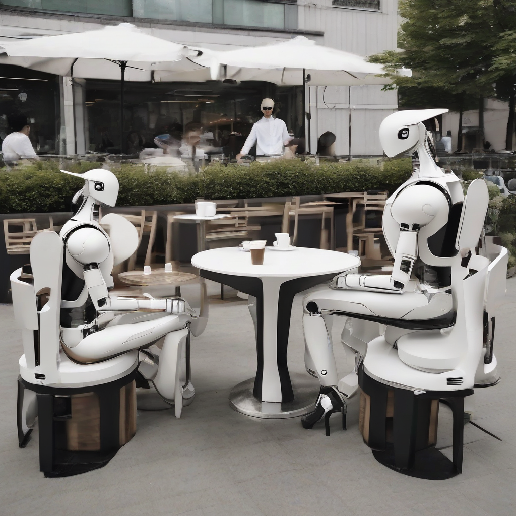 coffee outdoor chair human shaped robot café by मुफ्त एआई छवि जनरेटर - बिना लॉगिन के✨ | AIGAZOU