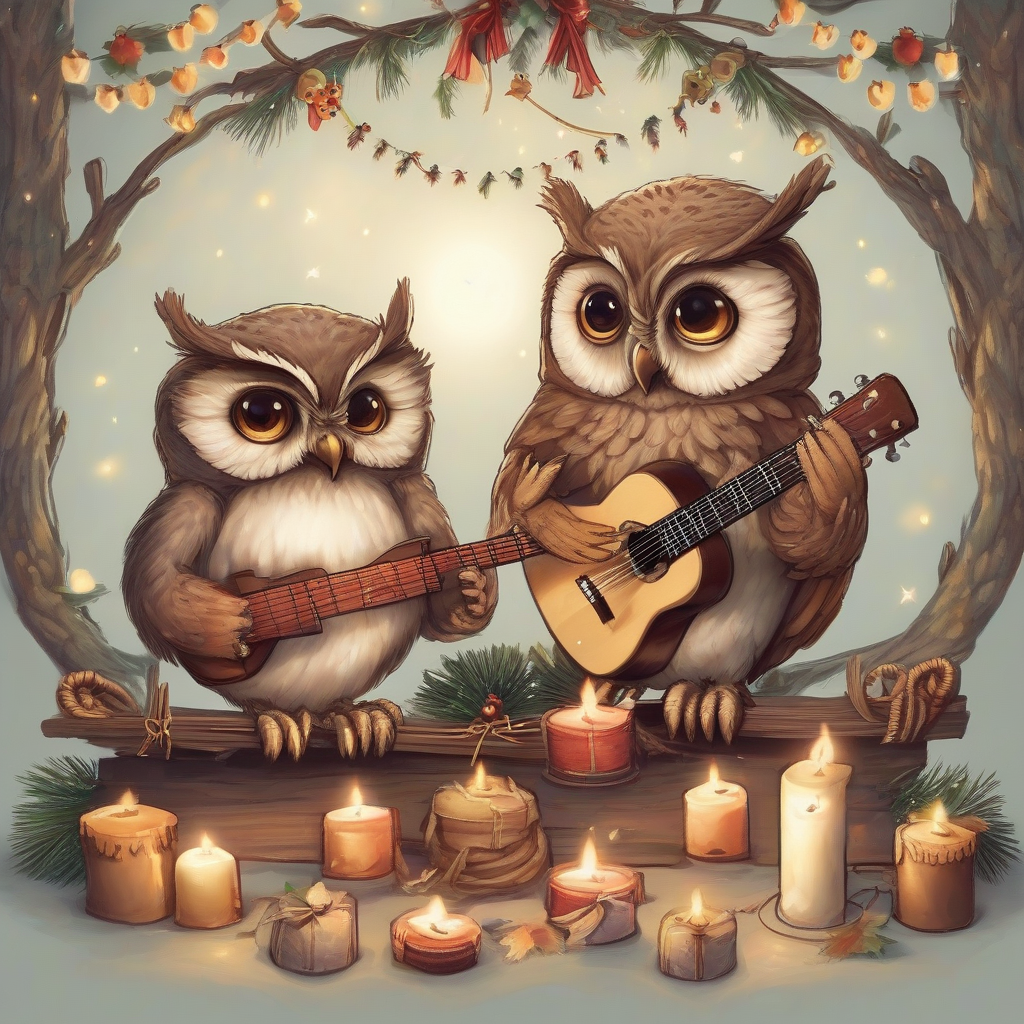 two owls playing guitar advent wreath by मुफ्त एआई छवि जनरेटर - बिना लॉगिन के✨ | AIGAZOU