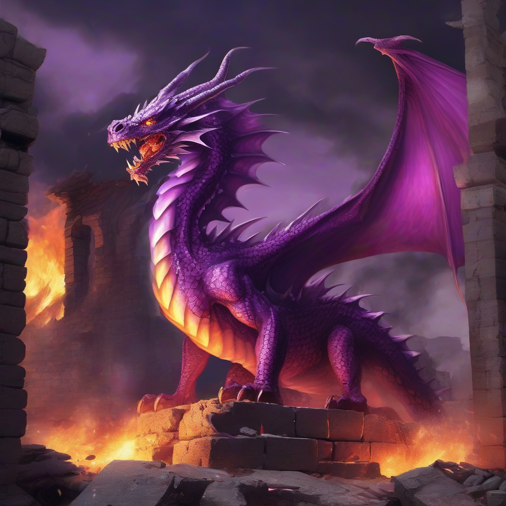 a purple dragon breathing fire in a ruin by मुफ्त एआई छवि जनरेटर - बिना लॉगिन के✨ | AIGAZOU