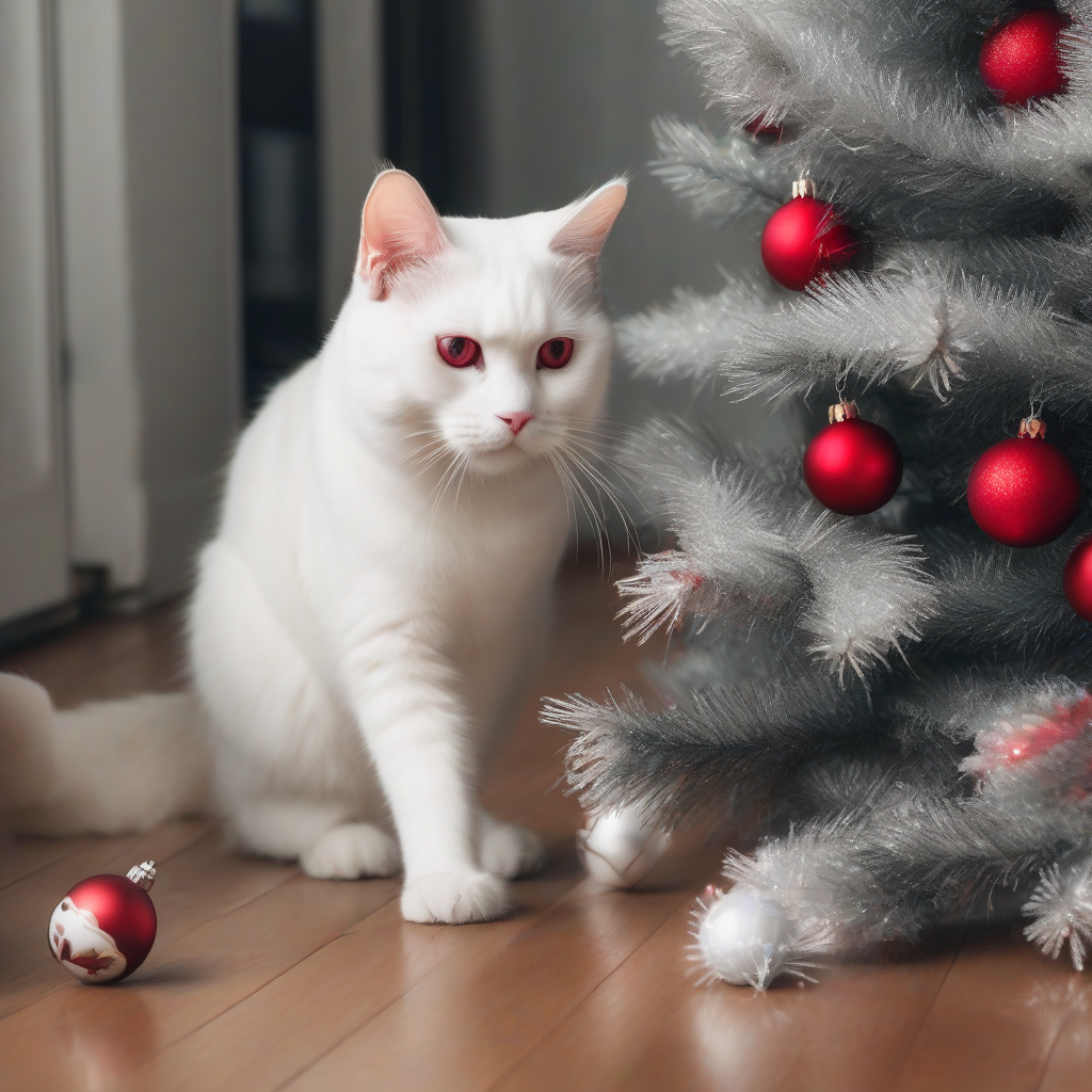 a white cat playing near a christmas tree with a red ornament by मुफ्त एआई छवि जनरेटर - बिना लॉगिन के✨ | AIGAZOU