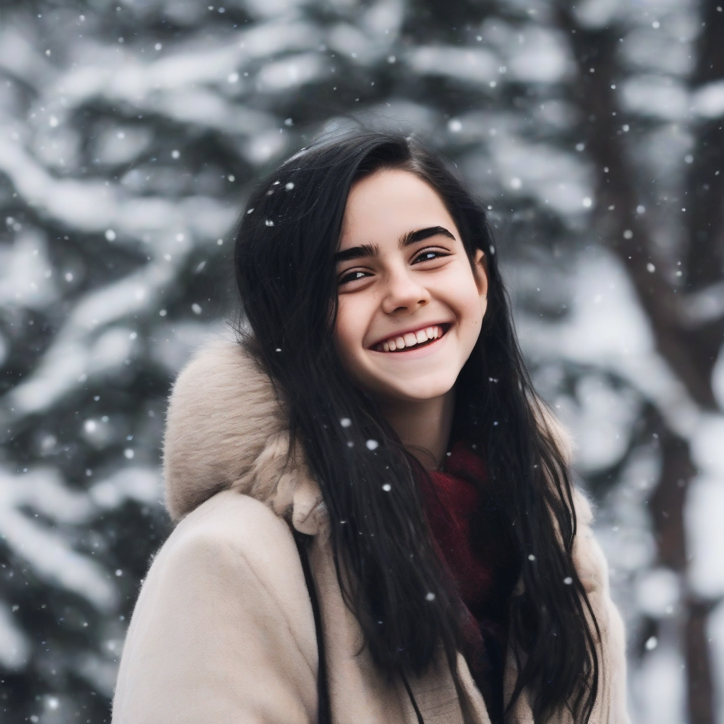 14 year old girl black hair smiling winter reminds emma watson by मुफ्त एआई छवि जनरेटर - बिना लॉगिन के✨ | AIGAZOU