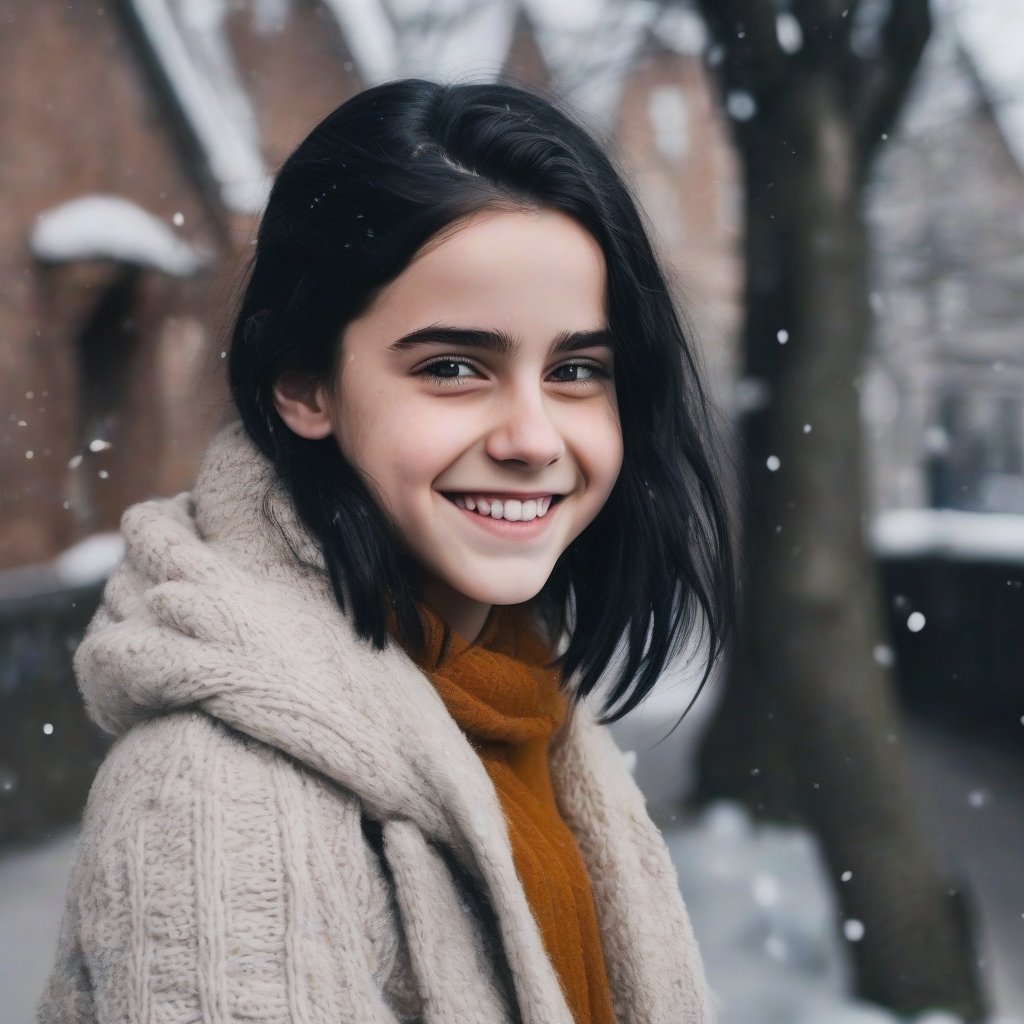 14 year old girl black hair smiling winter reminds emma watson by Générateur d'images par IA gratuit - Aucune connexion nécessaire✨ | AIGAZOU