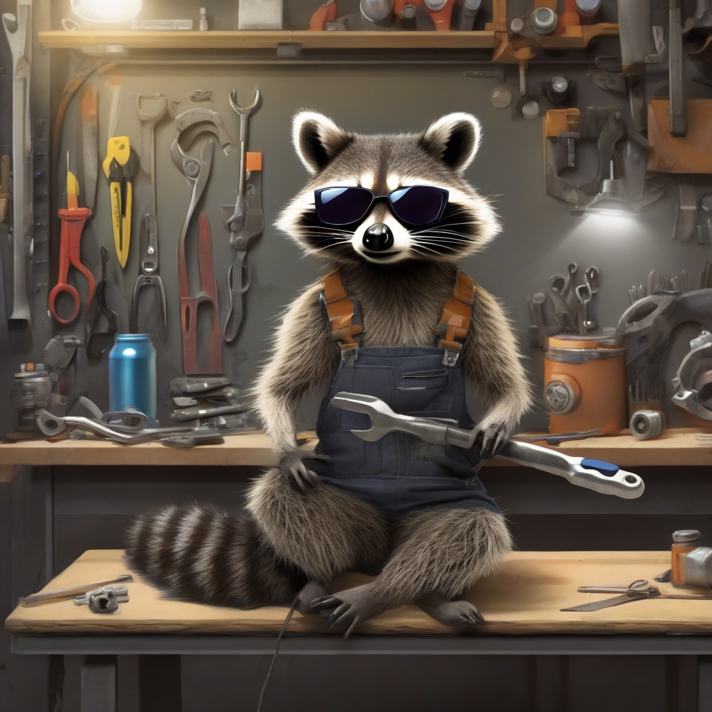 raccoon with sunglasses in workshop by मुफ्त एआई छवि जनरेटर - बिना लॉगिन के✨ | AIGAZOU