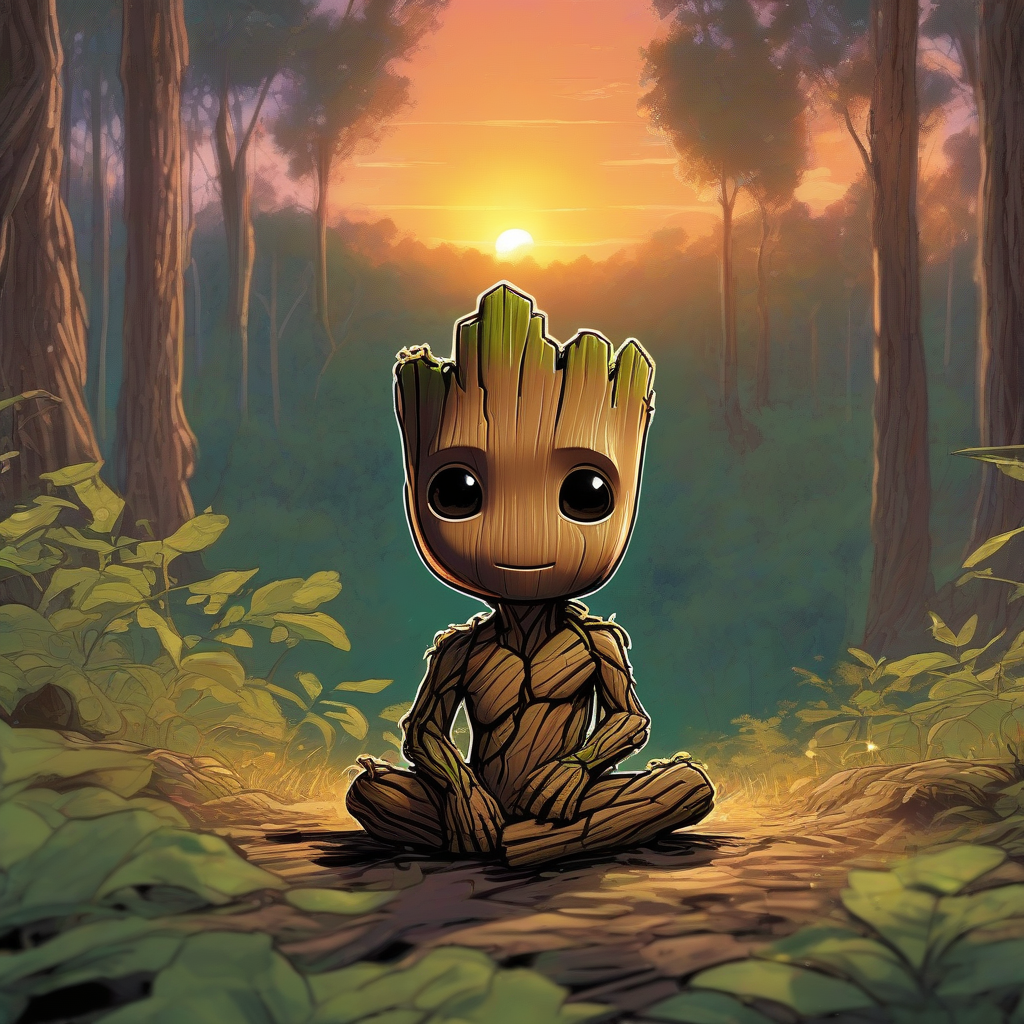 baby groot watching sunset in forest by मुफ्त एआई छवि जनरेटर - बिना लॉगिन के✨ | AIGAZOU