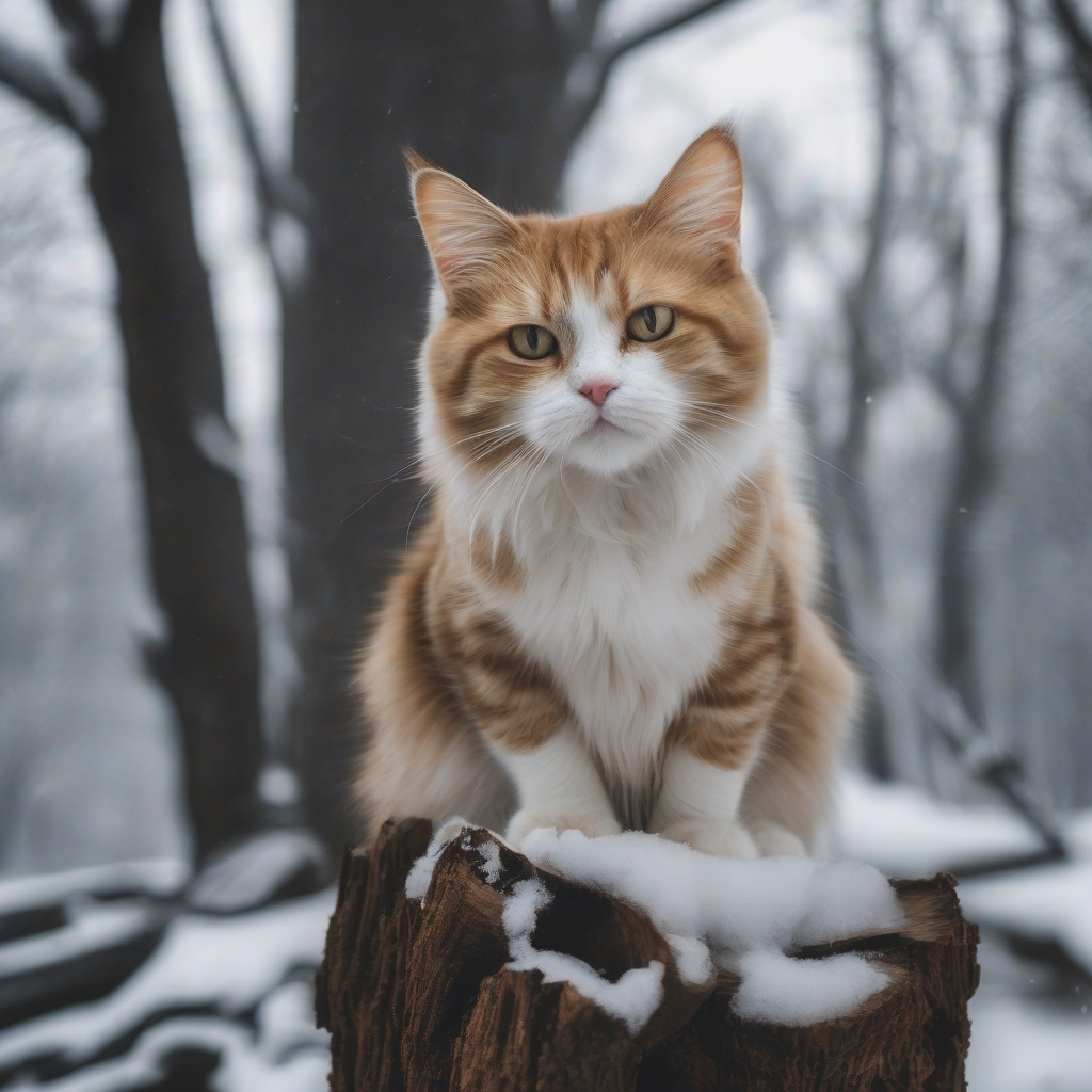 a cat sitting on a fallen tree in winter by 免费AI图像生成工具 | AIGAZOU