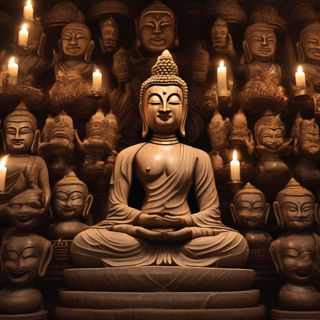 realistic wooden buddha statues in a dimly lit hall by मुफ्त एआई छवि जनरेटर - बिना लॉगिन के✨ | AIGAZOU