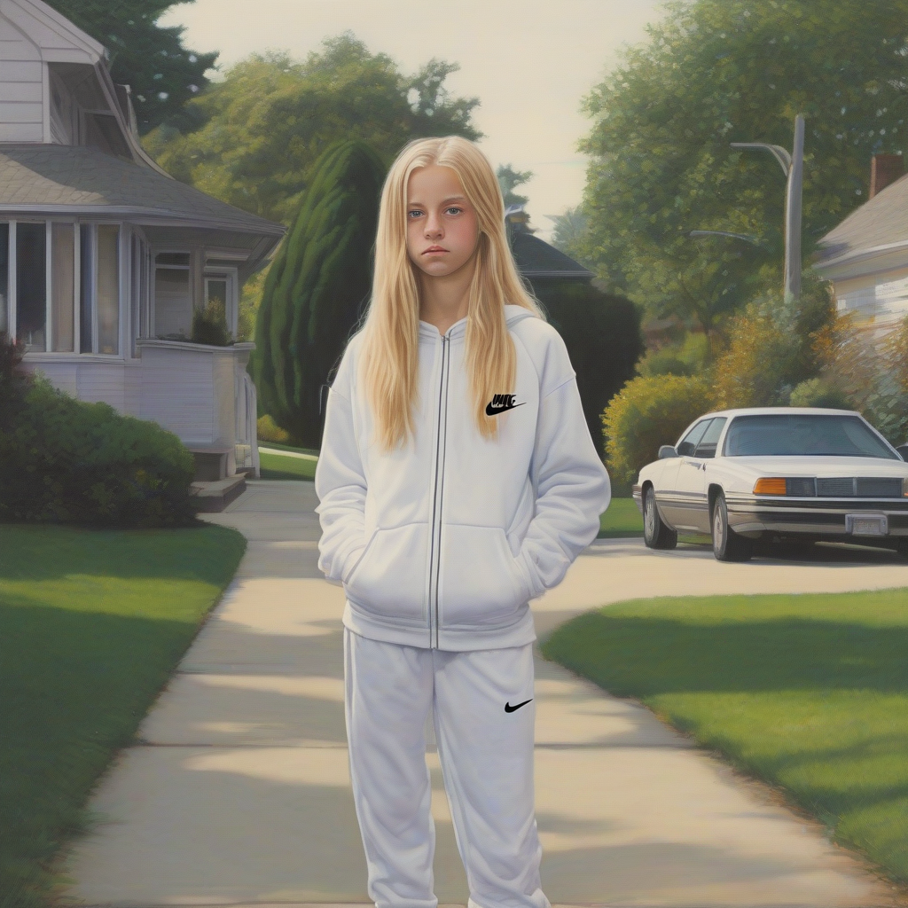 a 14 year old girl with intense green eyes and long blonde hair wearing a large white nike tracksuit behind by मुफ्त एआई छवि जनरेटर - बिना लॉगिन के✨ | AIGAZOU