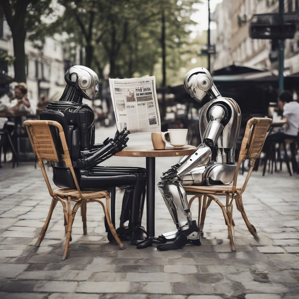 coffee outdoor seats human robot café newspaper by मुफ्त एआई छवि जनरेटर - बिना लॉगिन के✨ | AIGAZOU