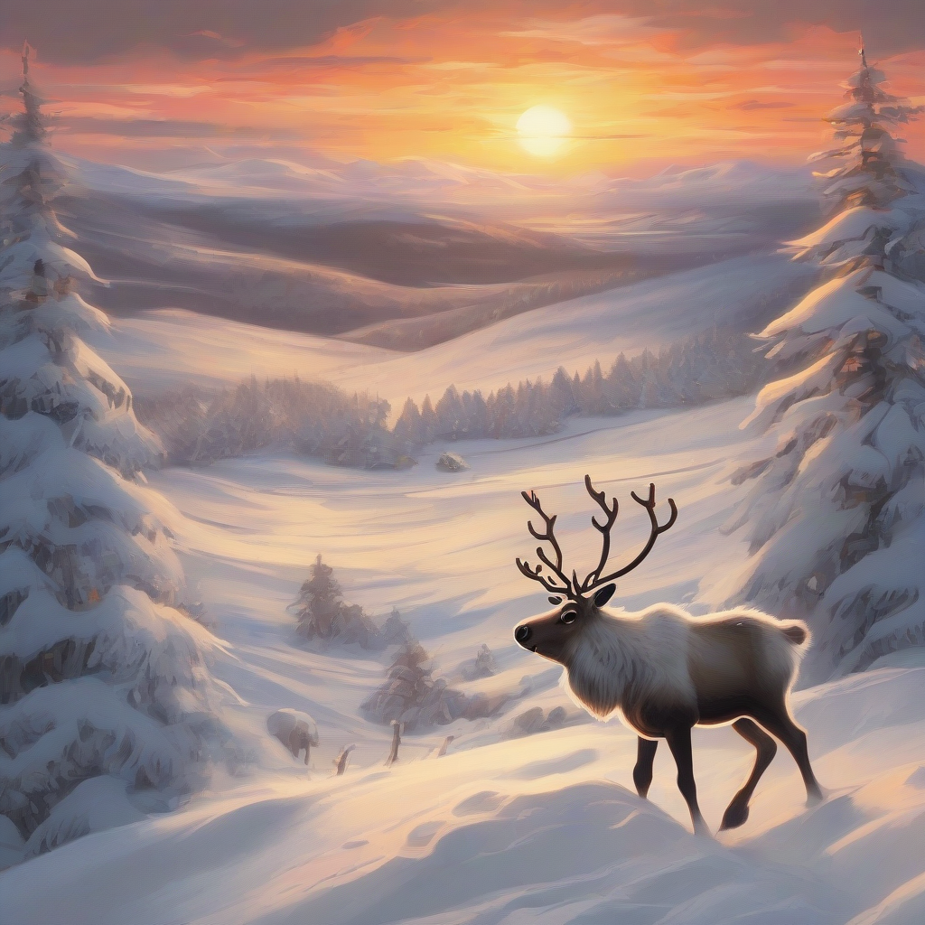 a snowy landscape with a sunset and a reindeer by Générateur d'images par IA gratuit - Aucune connexion nécessaire✨ | AIGAZOU