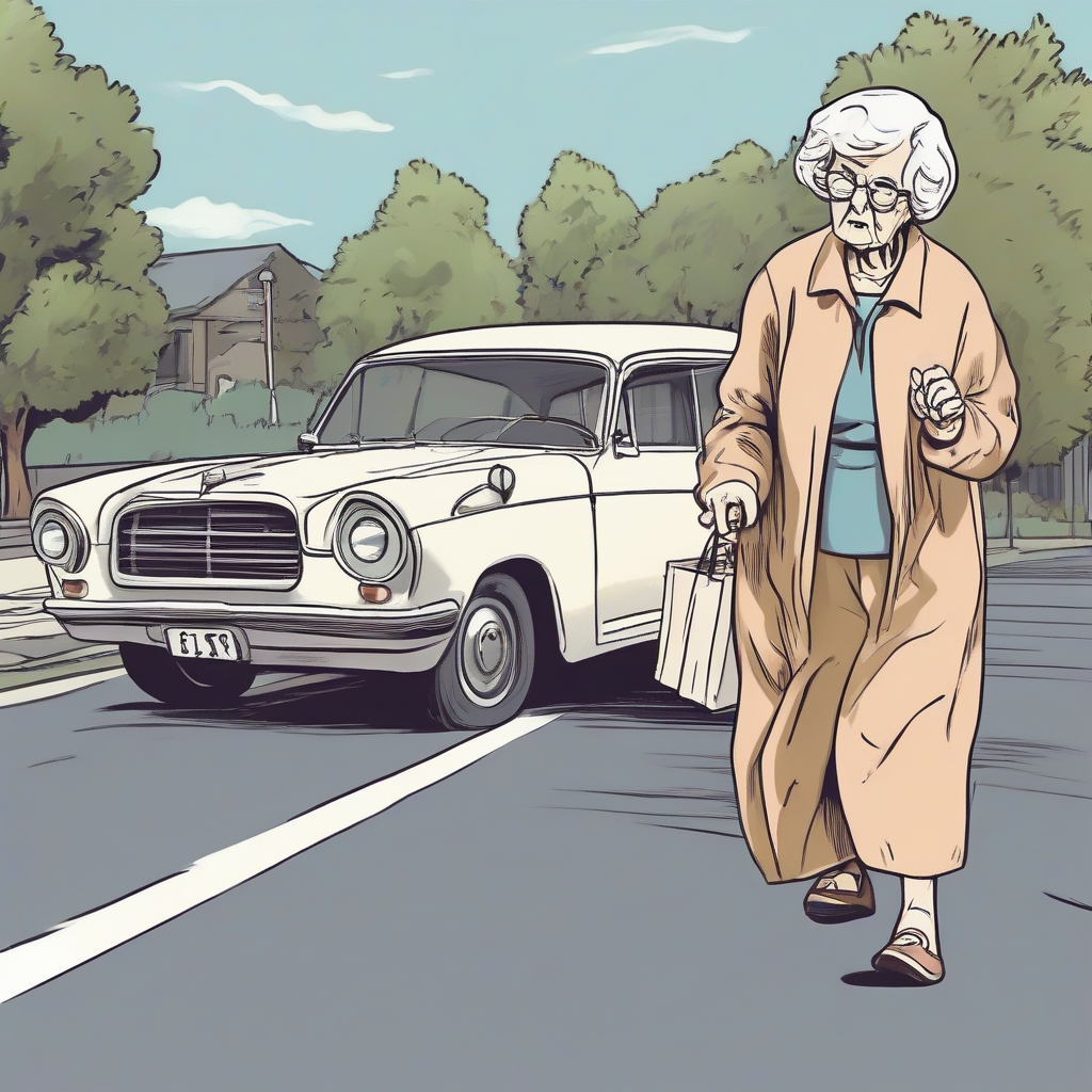 an elderly blind woman alarmed by a speeding car by मुफ्त एआई छवि जनरेटर - बिना लॉगिन के✨ | AIGAZOU