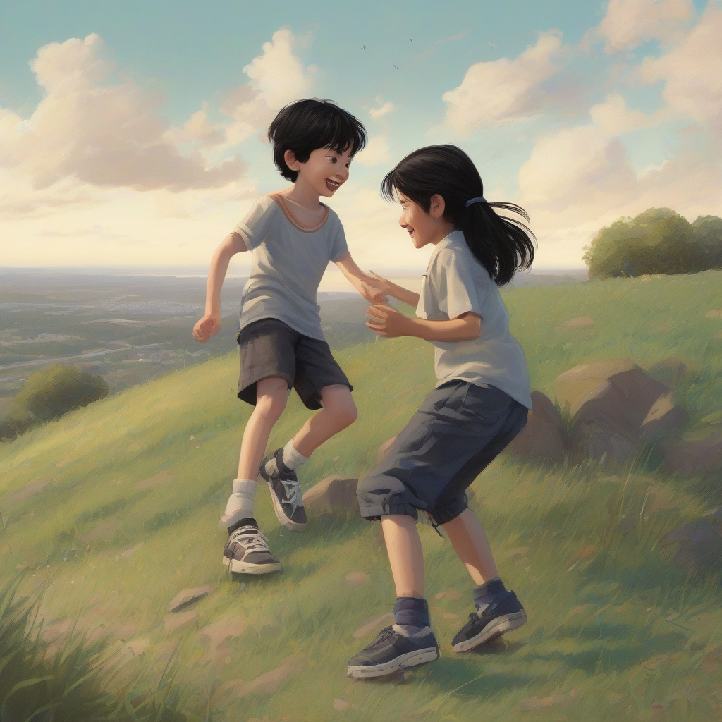 a 13 year old black haired girl and a 5 year old boy playing on a hill by मुफ्त एआई छवि जनरेटर - बिना लॉगिन के✨ | AIGAZOU