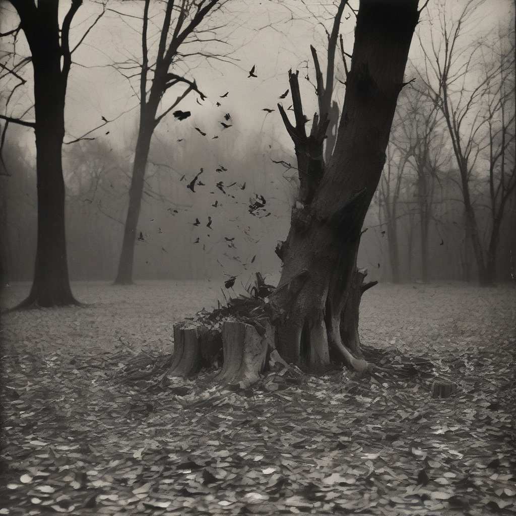 black and white 1920s silent film style desolate clearing single tree stump birds fly away remnants nature fallen leaves broken by मुफ्त एआई छवि जनरेटर - बिना लॉगिन के✨ | AIGAZOU