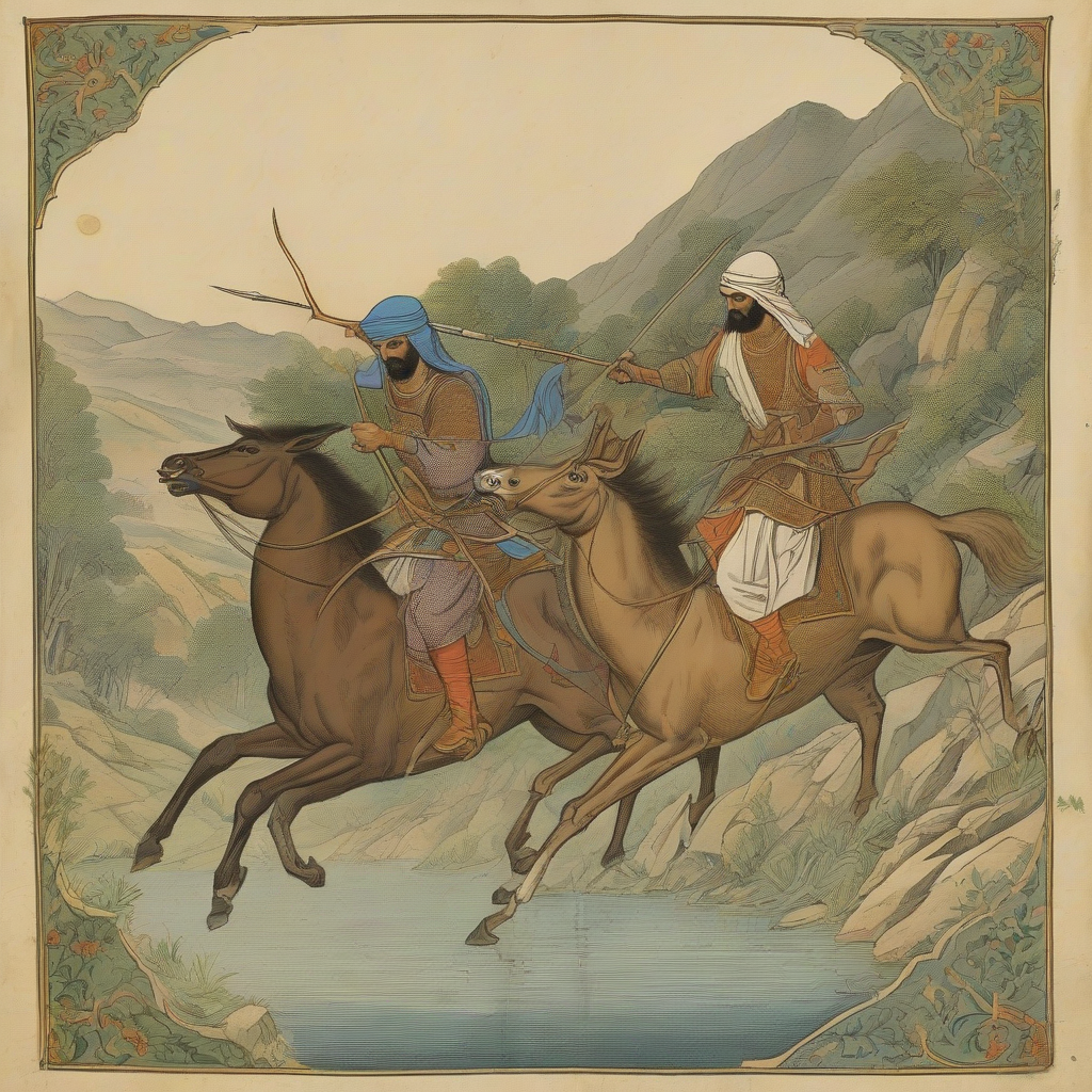 two arabian riders chase a deer through lush mountain slopes by 免费AI图像生成工具 | AIGAZOU