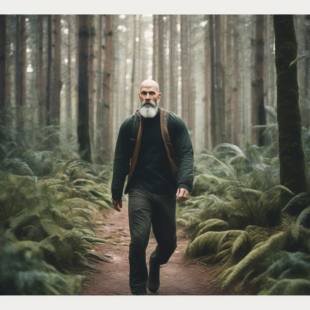 man with shaved head and salt pepper beard walks in a beautiful forest by मुफ्त एआई छवि जनरेटर - बिना लॉगिन के✨ | AIGAZOU