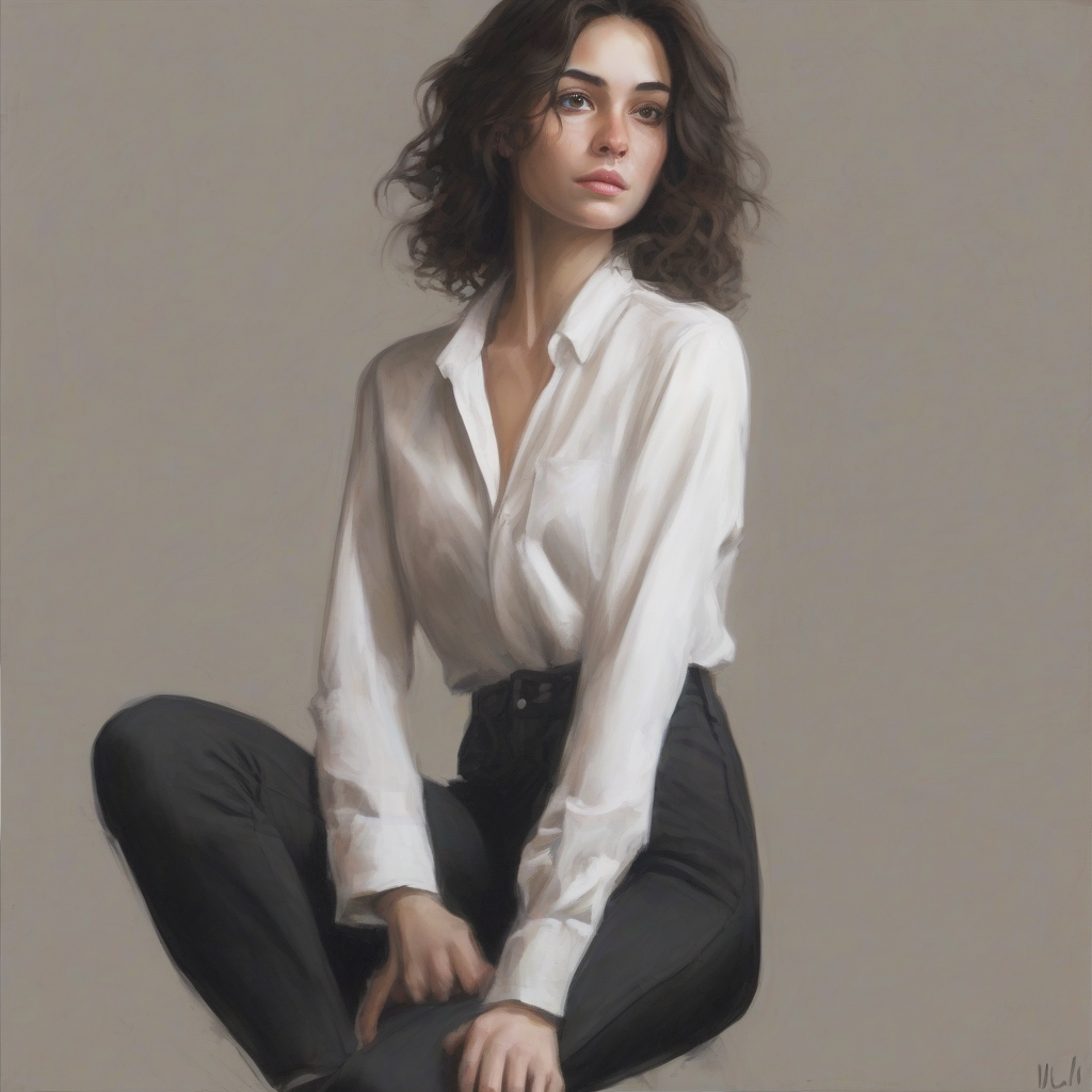 a woman with dark brown wavy hair wearing white shirt black pants by أداة مجانية لإنشاء الصور بالذكاء الاصطناعي - إنشاء الصور بدون تسجيل الدخول | AIGAZOU