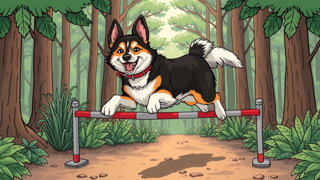 dog rally medium haired tri color dog jumps over hurdle with joy in forest comic by मुफ्त एआई छवि जनरेटर - बिना लॉगिन के✨ | AIGAZOU