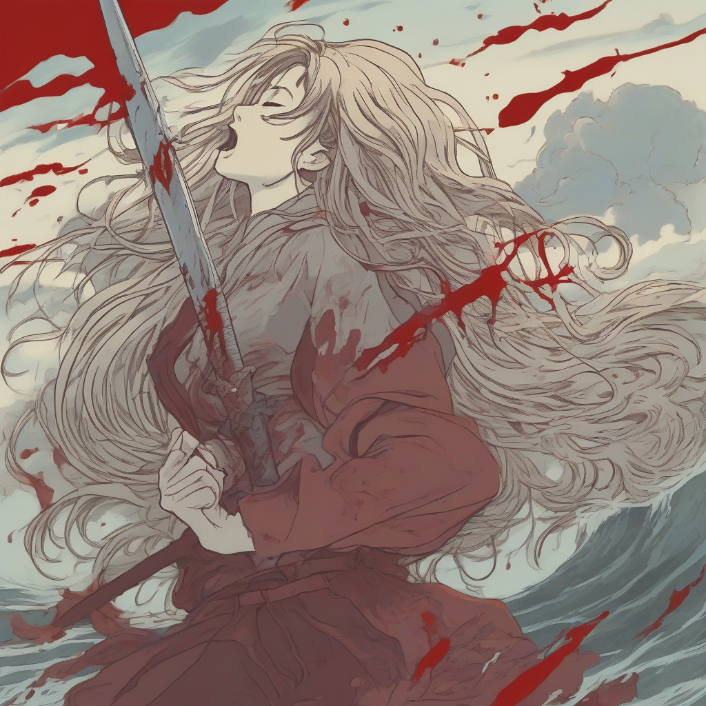 a woman licking a bloody sword and long hair sinking into madness in ghibli style by मुफ्त एआई छवि जनरेटर - बिना लॉगिन के✨ | AIGAZOU