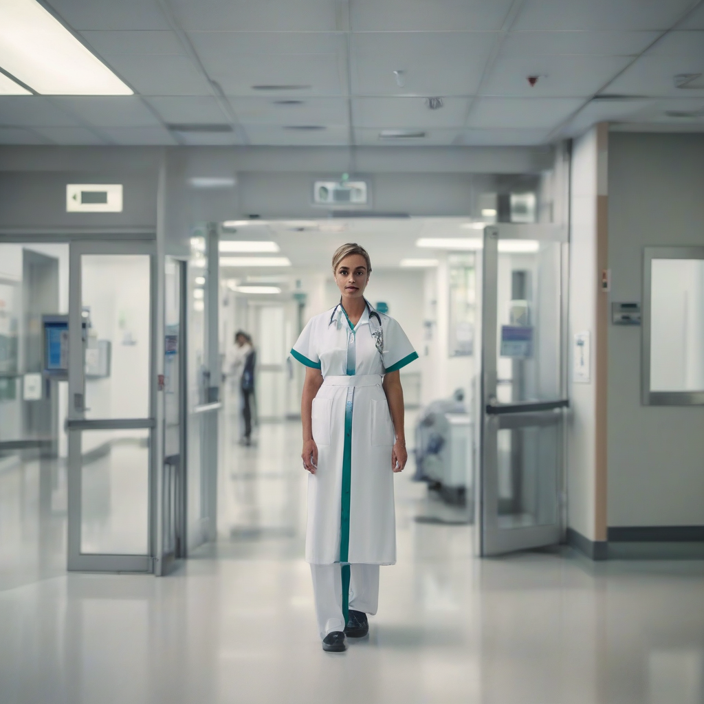 a nurse in white standing at the hospital entrance by मुफ्त एआई छवि जनरेटर - बिना लॉगिन के✨ | AIGAZOU