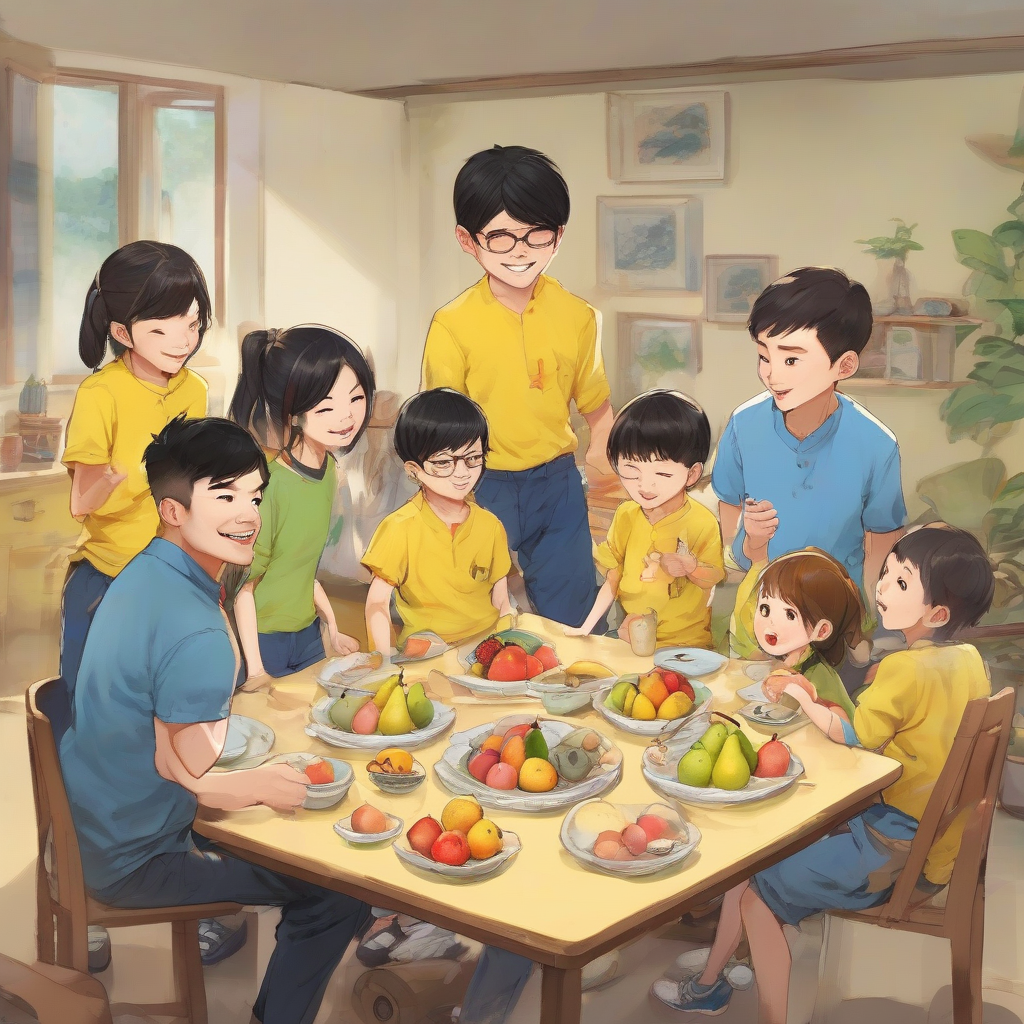 in a modern family xiaoming and his siblings gather around a plate of fruit everyone wants the largest pear by मुफ्त एआई छवि जनरेटर - बिना लॉगिन के✨ | AIGAZOU