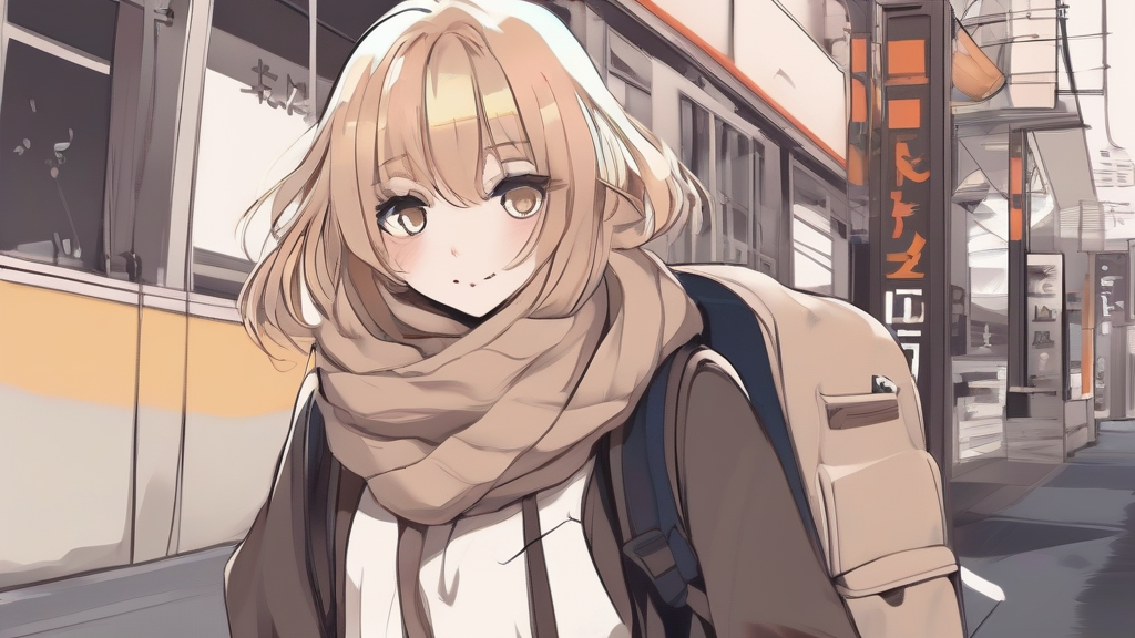 girl anime sideways walking latte color scarf backpack by मुफ्त एआई छवि जनरेटर - बिना लॉगिन के✨ | AIGAZOU