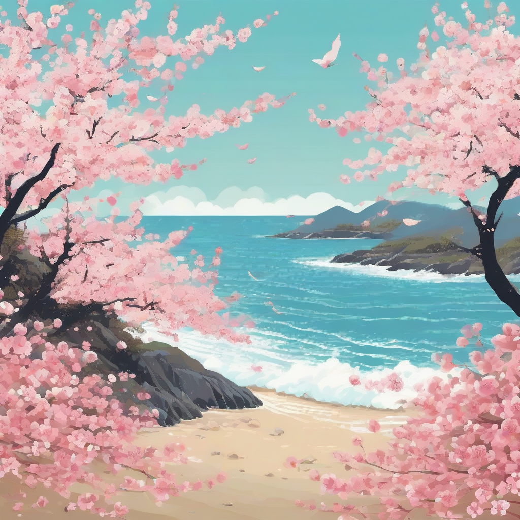 sakura and sea illustration bright and pop by मुफ्त एआई छवि जनरेटर - बिना लॉगिन के✨ | AIGAZOU