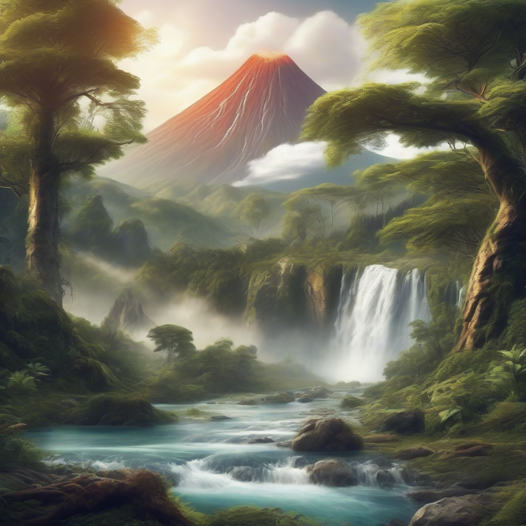 fantastic realistic landscape with forest volcano rivers waterfall and mountains by मुफ्त एआई छवि जनरेटर - बिना लॉगिन के✨ | AIGAZOU