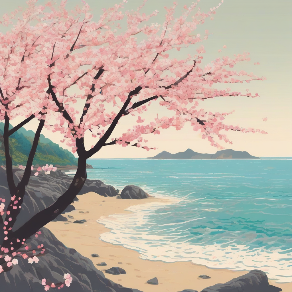 sakura and sea illustration bright and pop by मुफ्त एआई छवि जनरेटर - बिना लॉगिन के✨ | AIGAZOU