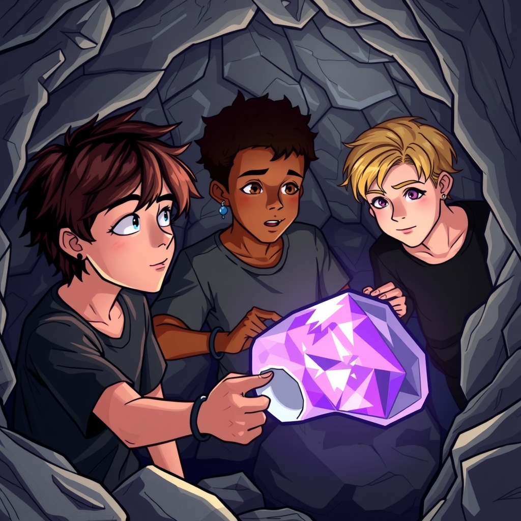 three teenage boys find a mysterious glowing purple stone by मुफ्त एआई छवि जनरेटर - बिना लॉगिन के✨ | AIGAZOU