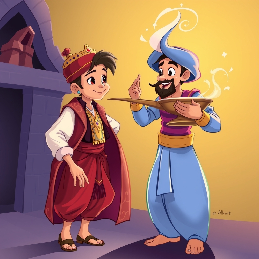 genie helps aladdin transform into a rich man by मुफ्त एआई छवि जनरेटर - बिना लॉगिन के✨ | AIGAZOU