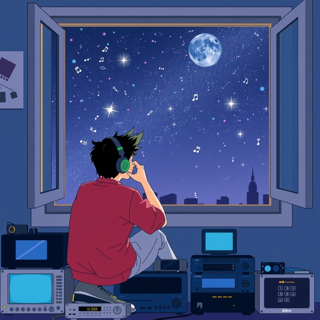 person listening to music under the night sky by मुफ्त एआई छवि जनरेटर - बिना लॉगिन के✨ | AIGAZOU