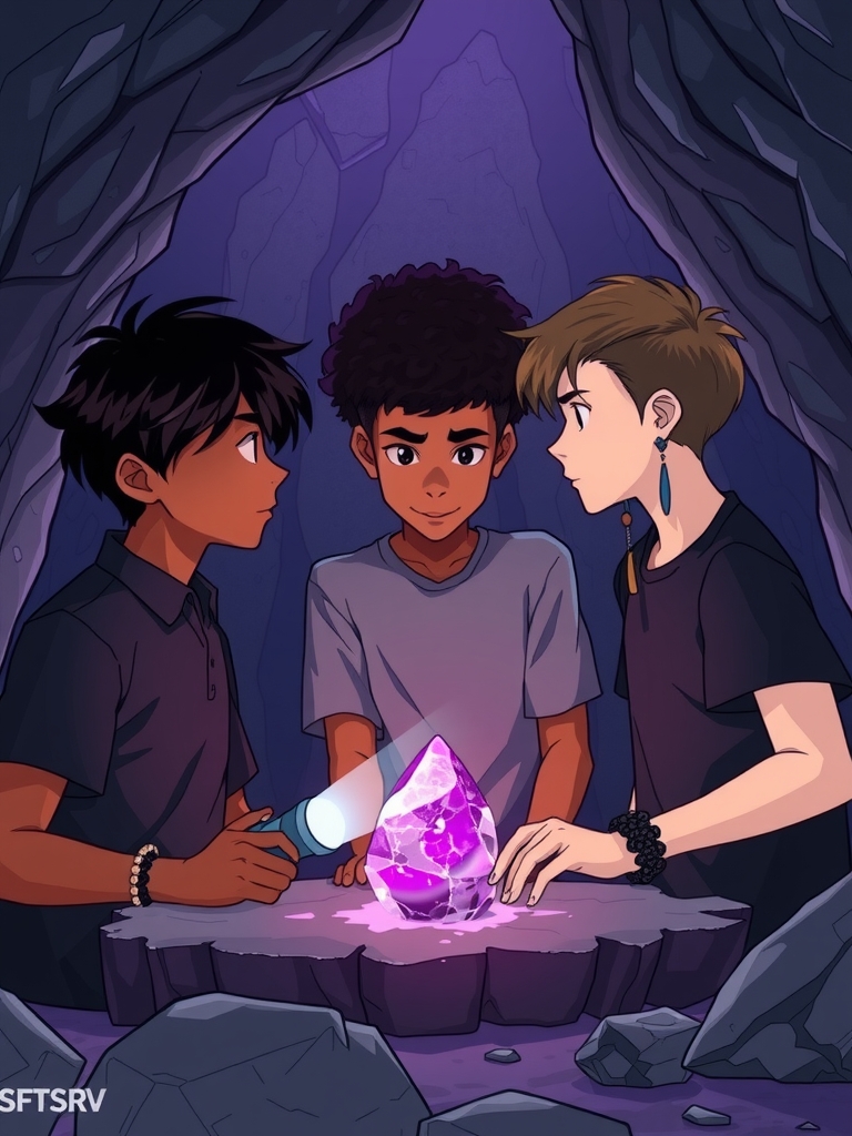 three teenage boys find a mysterious purple glowing diamond textured stone in a cave by मुफ्त एआई छवि जनरेटर - बिना लॉगिन के✨ | AIGAZOU