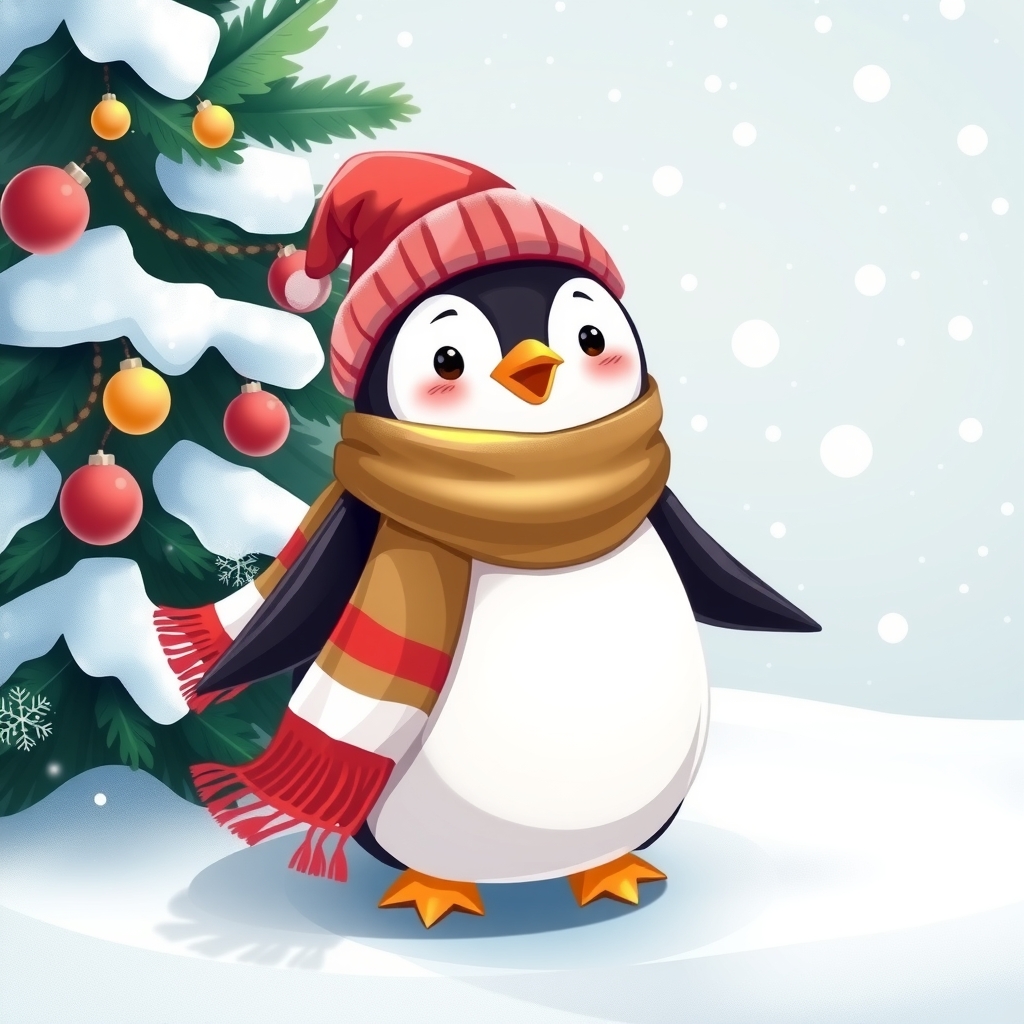 penguin with scarf in snow near christmas tree by मुफ्त एआई छवि जनरेटर - बिना लॉगिन के✨ | AIGAZOU