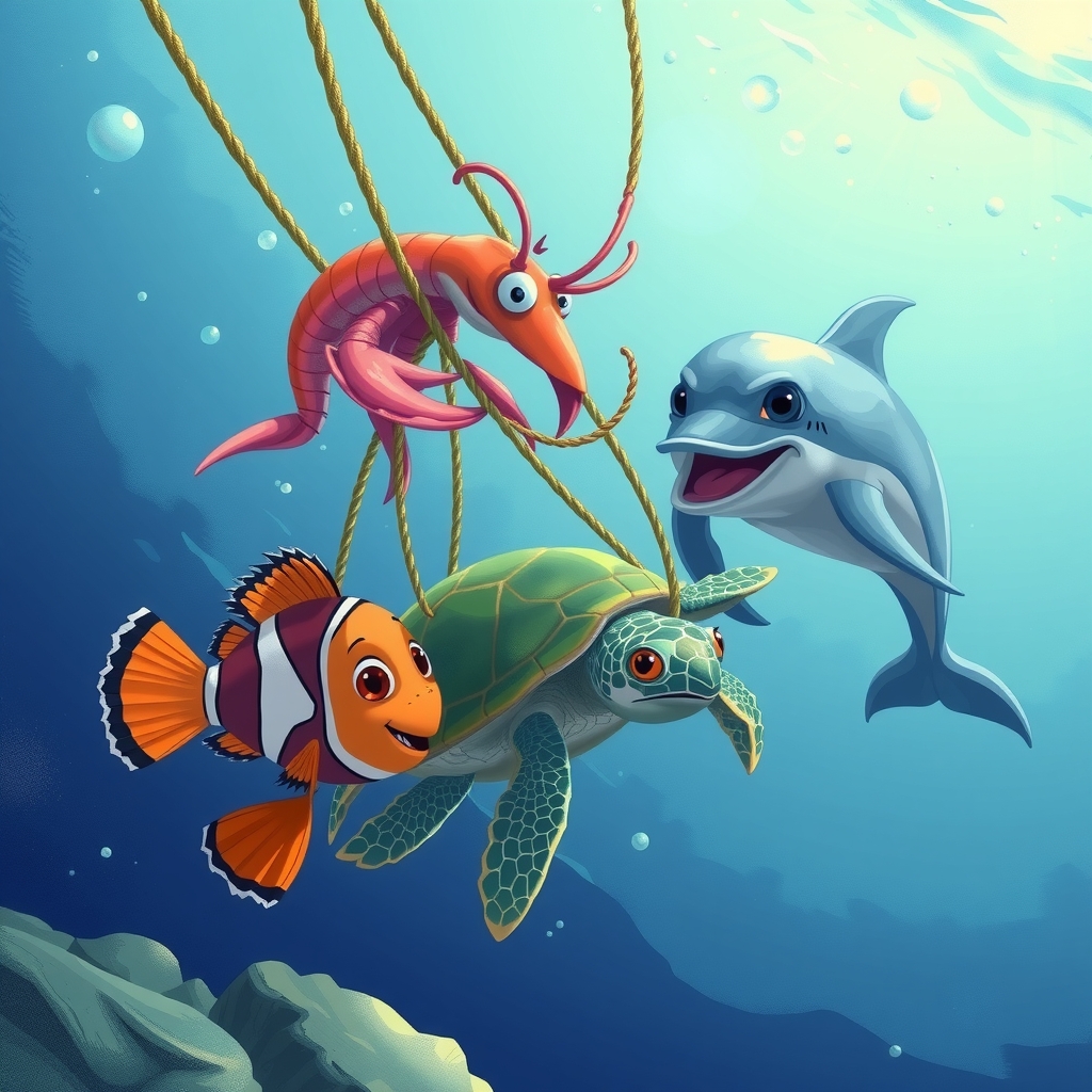 nemo and crab save turtle from jellyfish net by Générateur d'images par IA gratuit - Aucune connexion nécessaire✨ | AIGAZOU