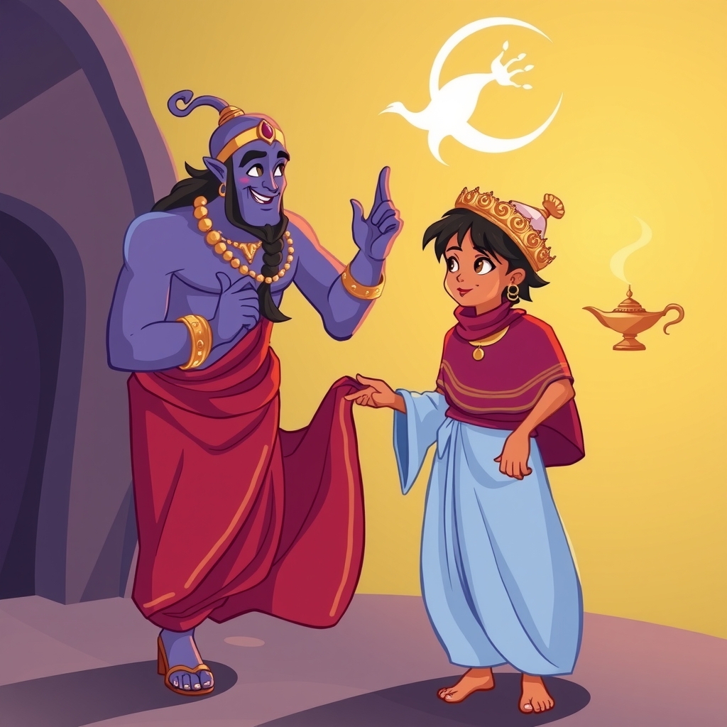 genie helps aladdin dress as a rich man by मुफ्त एआई छवि जनरेटर - बिना लॉगिन के✨ | AIGAZOU