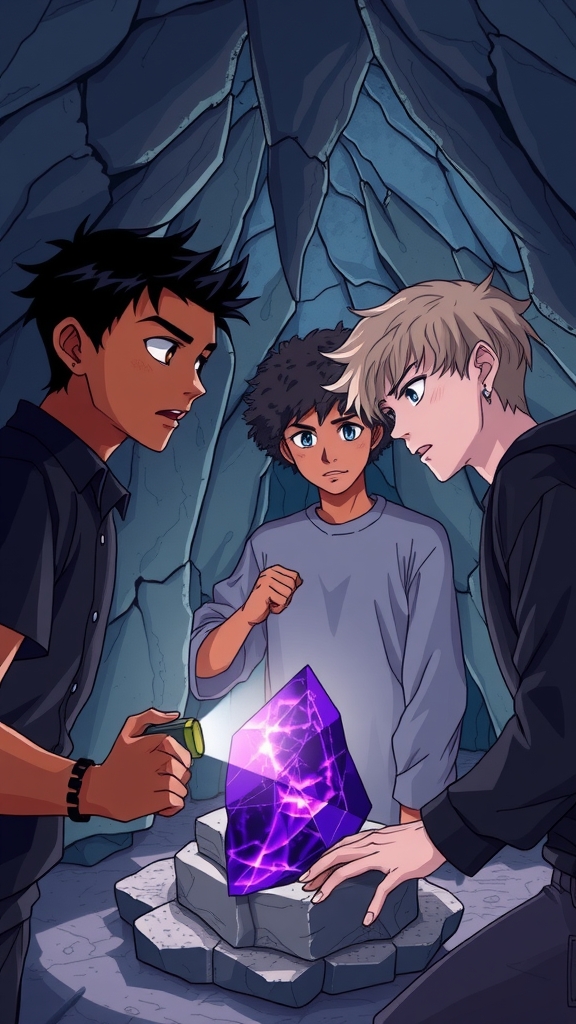 three teenage boys find a mysterious glowing purple stone by मुफ्त एआई छवि जनरेटर - बिना लॉगिन के✨ | AIGAZOU