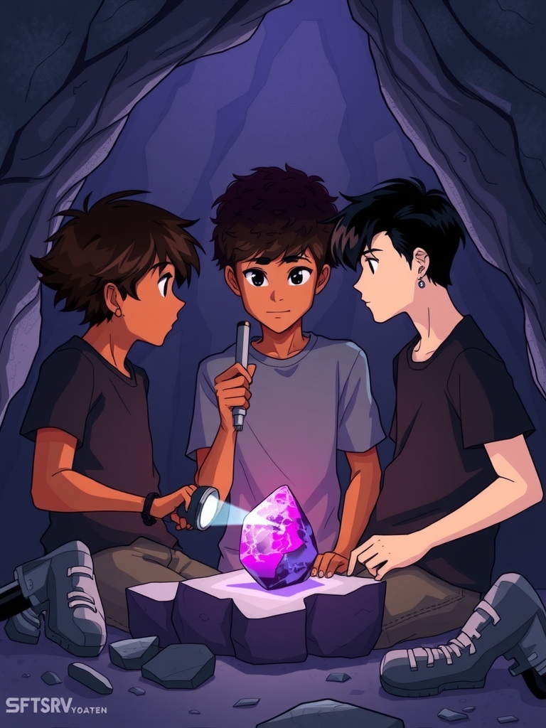 three teenage boys find a mysterious purple glowing stone by मुफ्त एआई छवि जनरेटर - बिना लॉगिन के✨ | AIGAZOU