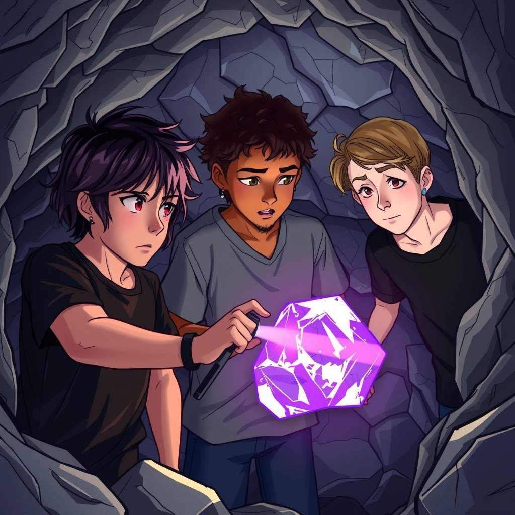 three teenage boys find a mysterious glowing purple stone by मुफ्त एआई छवि जनरेटर - बिना लॉगिन के✨ | AIGAZOU