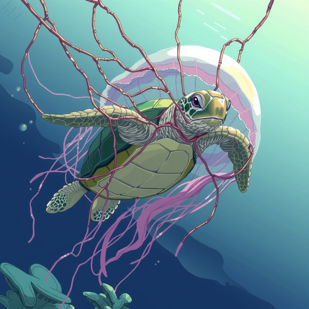 a turtle trapped in a large jellyfish net by मुफ्त एआई छवि जनरेटर - बिना लॉगिन के✨ | AIGAZOU