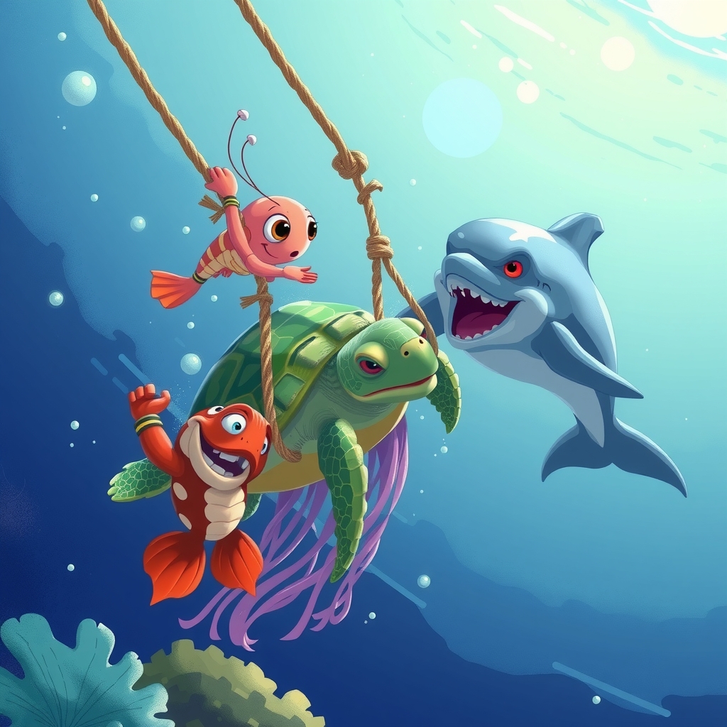 nemo shrimp and dolphin rescue turtle by मुफ्त एआई छवि जनरेटर - बिना लॉगिन के✨ | AIGAZOU