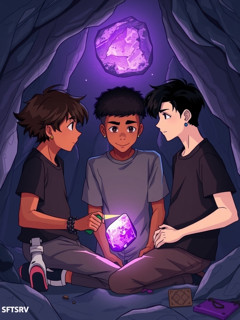 three teenage boys find a mysterious glowing purple stone by मुफ्त एआई छवि जनरेटर - बिना लॉगिन के✨ | AIGAZOU