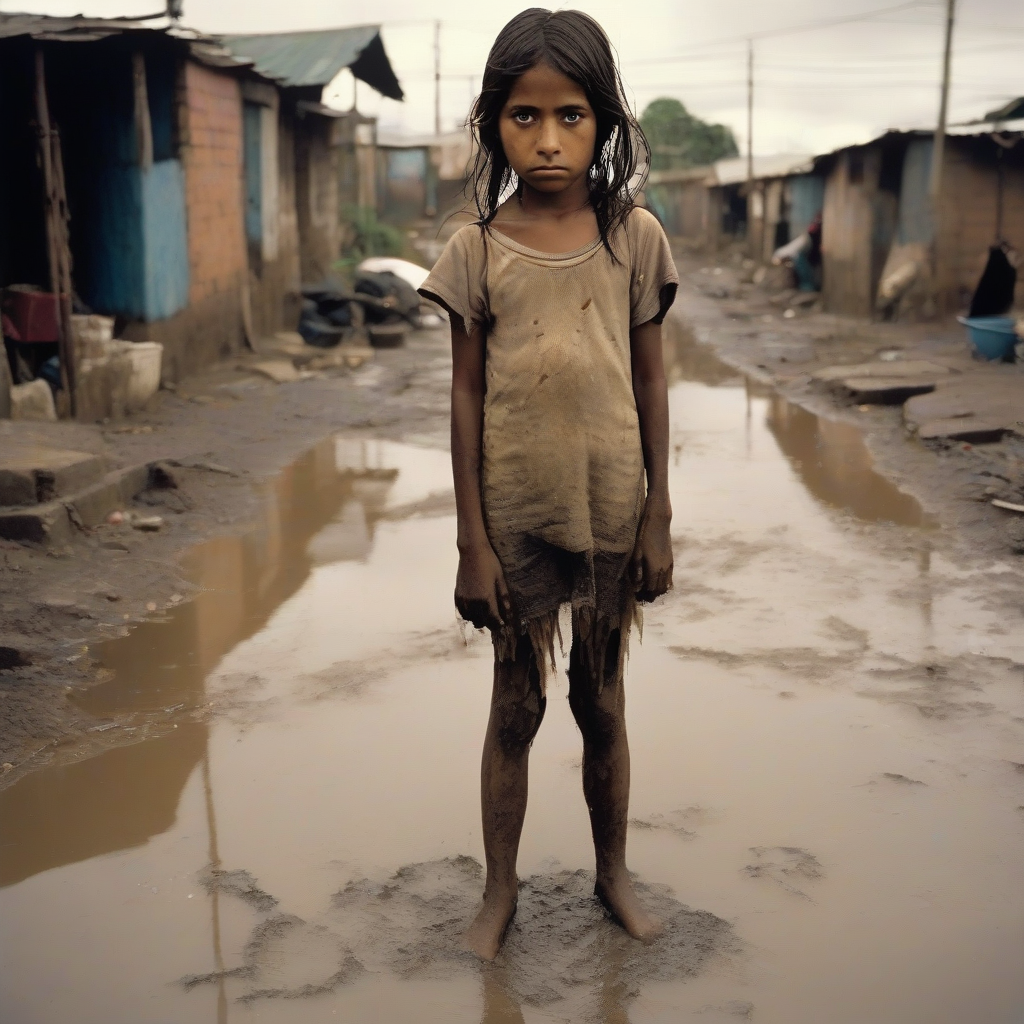 10 year old girl torn slip standing puddle long dirty hair by मुफ्त एआई छवि जनरेटर - बिना लॉगिन के✨ | AIGAZOU