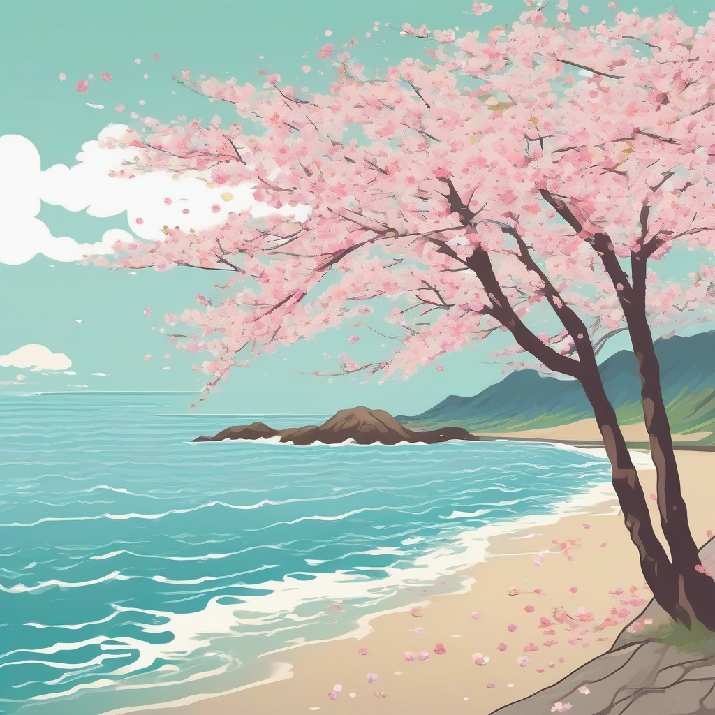 sakura and sea illustration bright and pop by मुफ्त एआई छवि जनरेटर - बिना लॉगिन के✨ | AIGAZOU