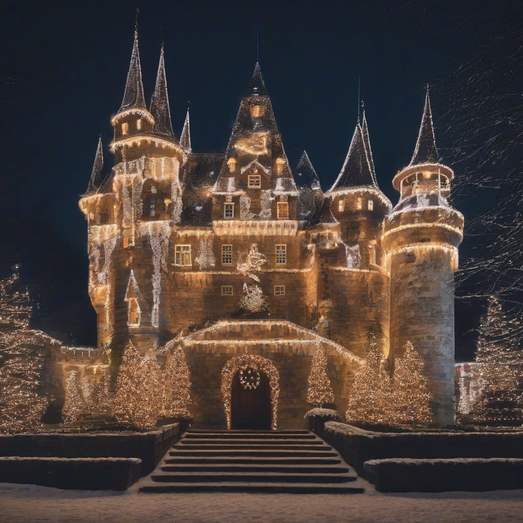 christmas decorated castle at night by मुफ्त एआई छवि जनरेटर - बिना लॉगिन के✨ | AIGAZOU