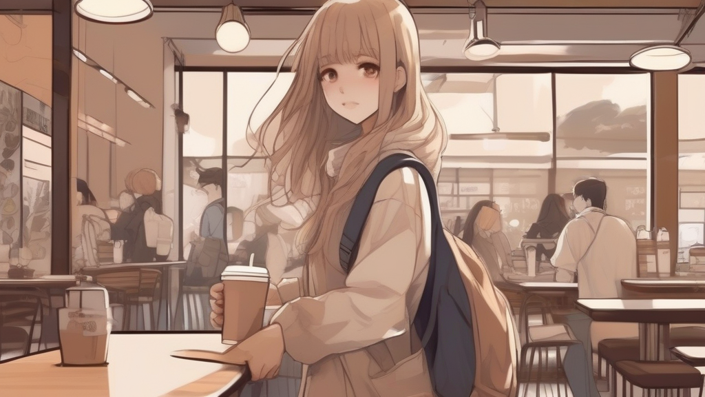 anime girl with latte colored hair holding coffee by मुफ्त एआई छवि जनरेटर - बिना लॉगिन के✨ | AIGAZOU