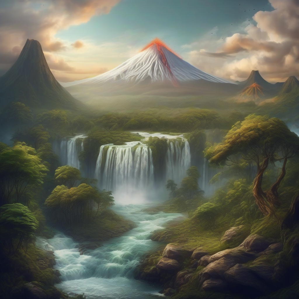 fantastic realistic landscape with forest volcano rivers waterfall mountains by 무료 AI 이미지 생성기 - 로그인 필요 없음✨ | AIGAZOU