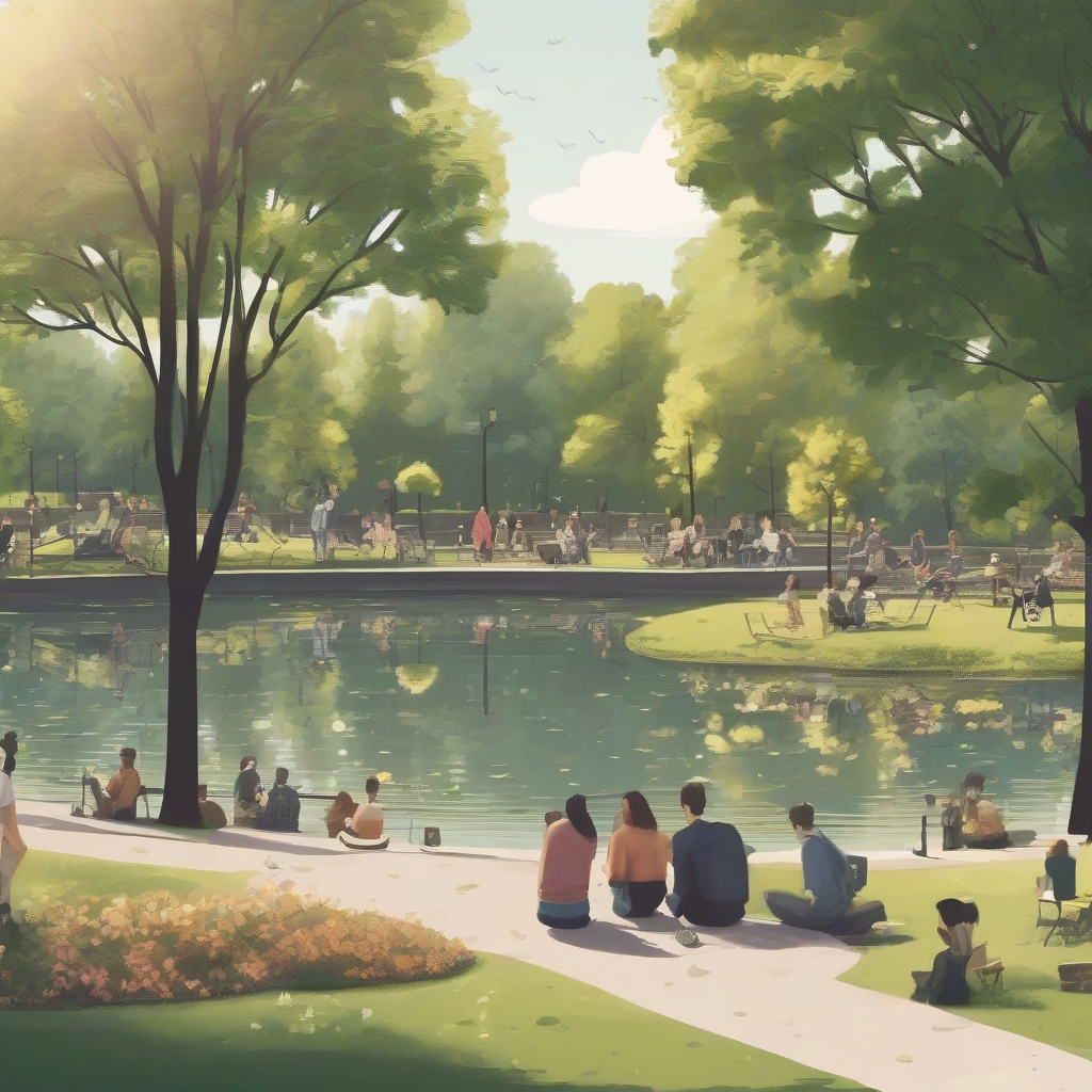 people thinking positively in a park with a quiet pond in the city by Générateur d'images par IA gratuit - Aucune connexion nécessaire✨ | AIGAZOU