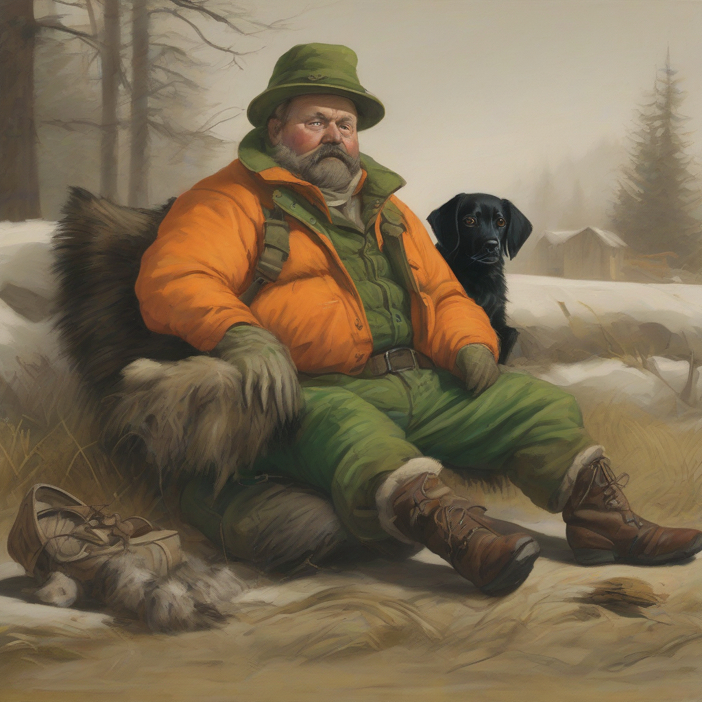 green and orange clad trapper with small fat black dog lies in ambush to catch a sofa by Générateur d'images par IA gratuit - Aucune connexion nécessaire✨ | AIGAZOU