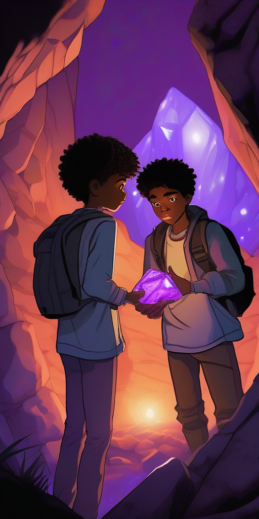 three teenage boys find a mysterious glowing purple stone in a diamond textured cave by मुफ्त एआई छवि जनरेटर - बिना लॉगिन के✨ | AIGAZOU