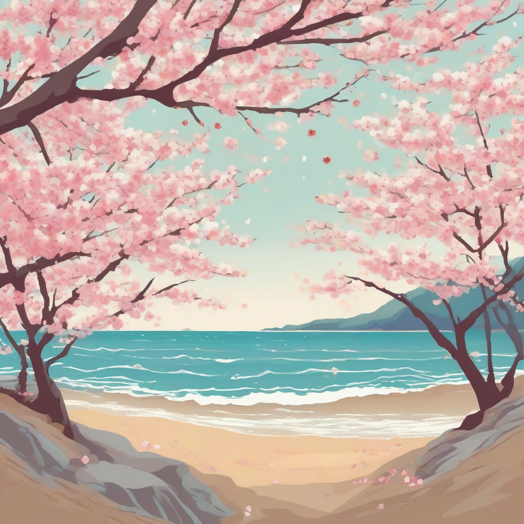 sakura and sea illustration bright and pop by मुफ्त एआई छवि जनरेटर - बिना लॉगिन के✨ | AIGAZOU